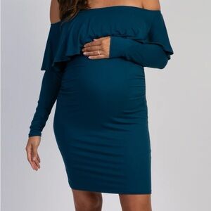 Teal ruffle trim off the shoulder maternity dress